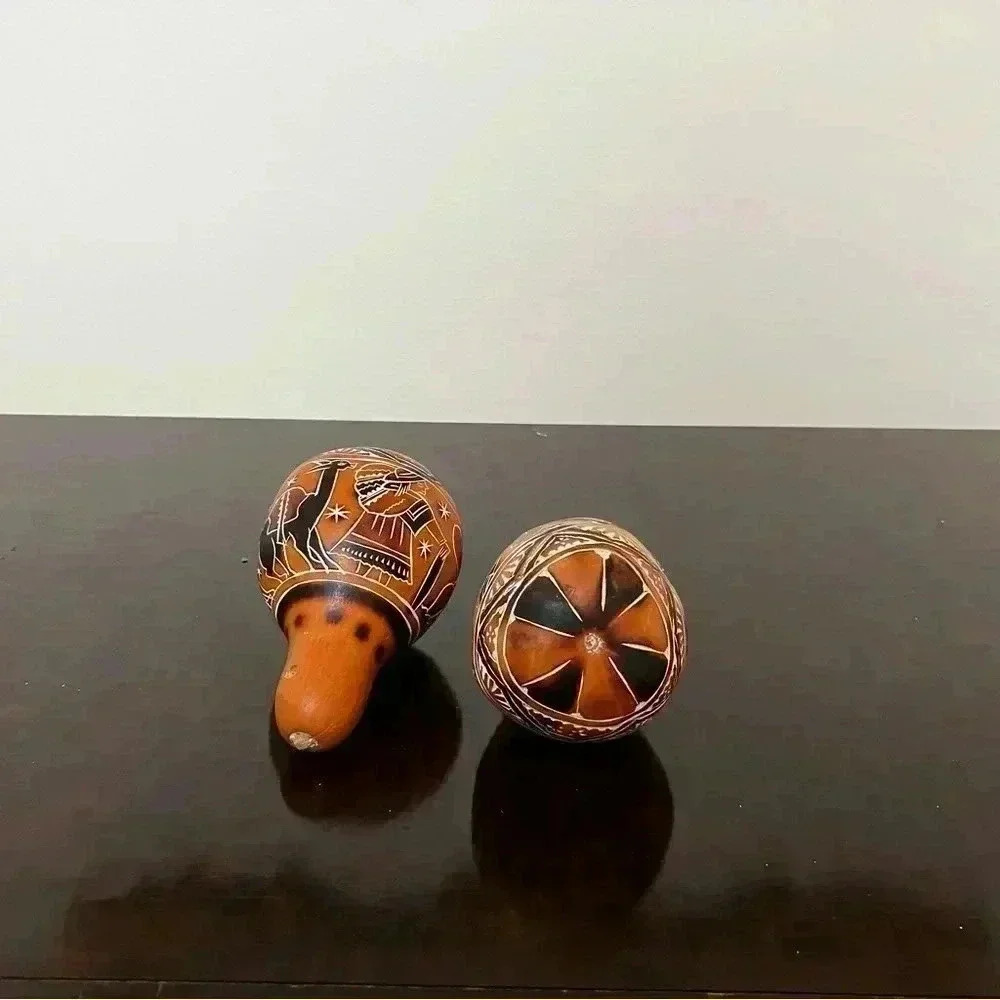 Vintage Peruvian Llama Folk Art Gourd Shakers
